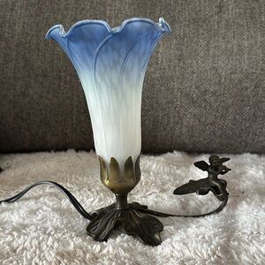 Vintage Blue and White Glass Table Lamp with Cherub